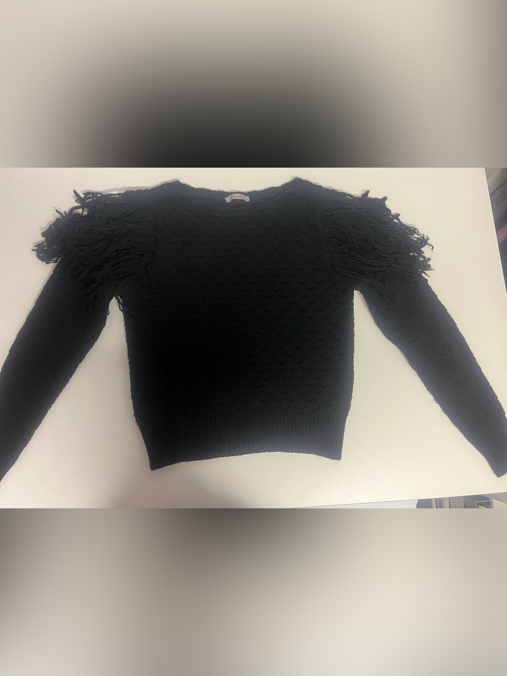 Women’s Black Textured Cable Knit Sweater with fringe